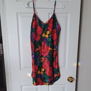 Vintage Victoria's Secret Black Slip Dress with Red, Green & Purple Floral Print